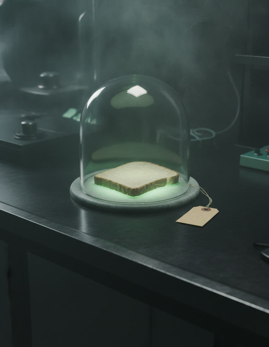 A slice of bread preserved under a glass specimen dome