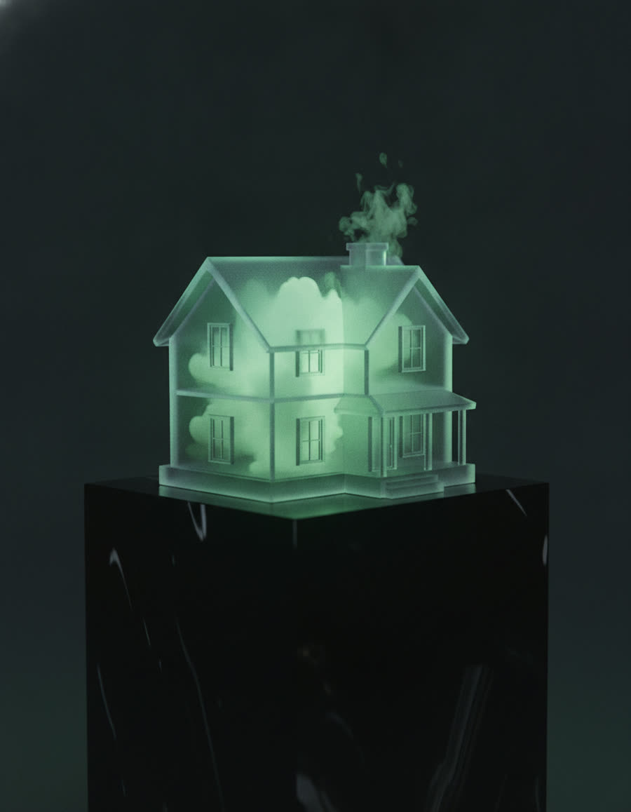 A glass model house filled with green fog