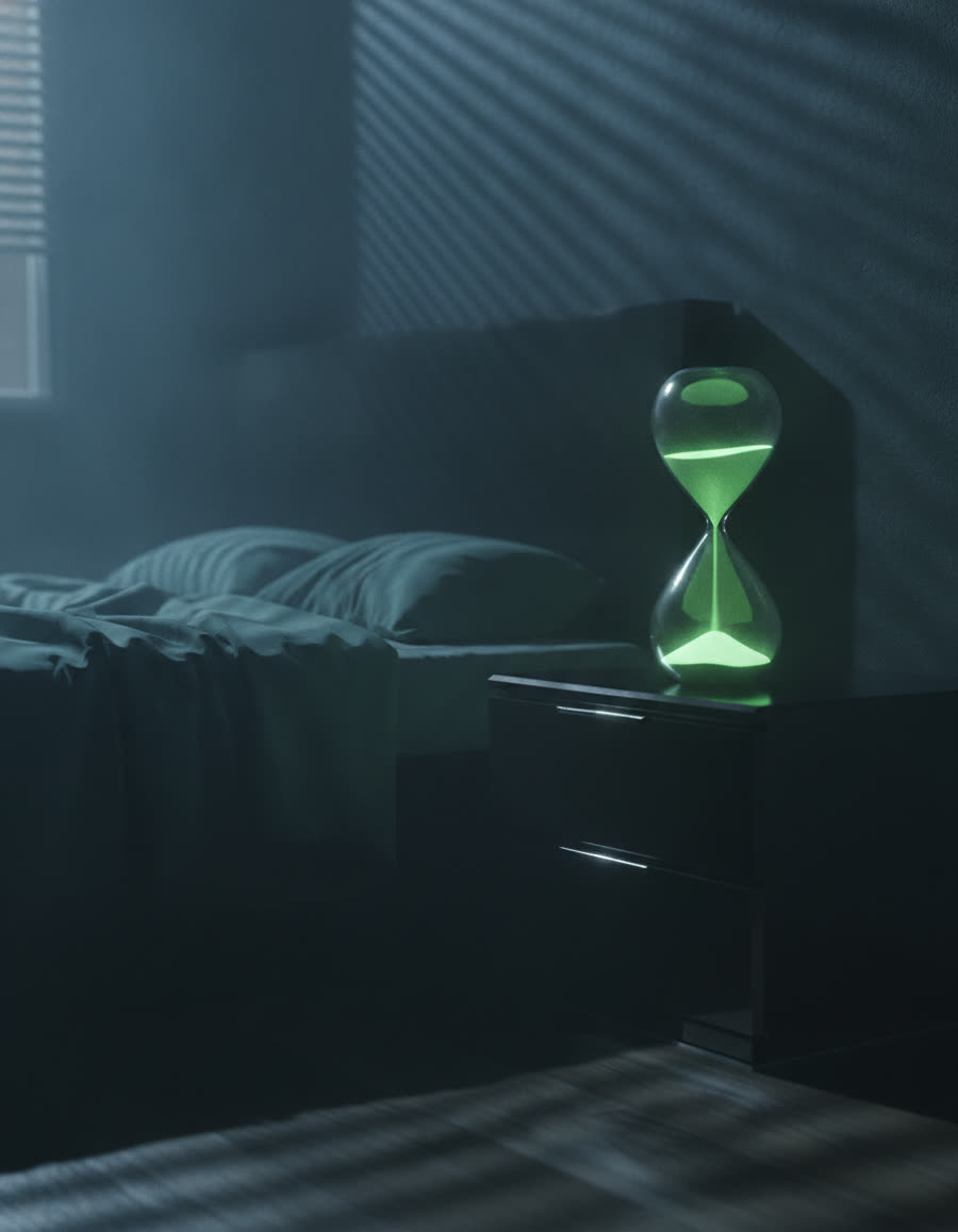 A glowing hourglass beside an empty bed at night